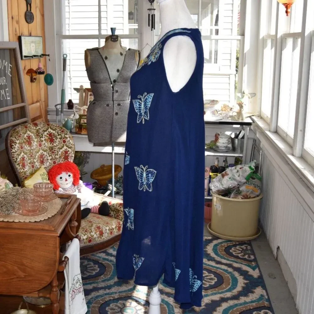 Vintage 90s Butterfly Viscose Dress Blue Boho India Free Size